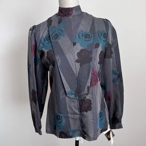 Vintage 70s 80s Brio Puff Sleeve Blouse Long Sleeve High Neck Floral Top Size 10